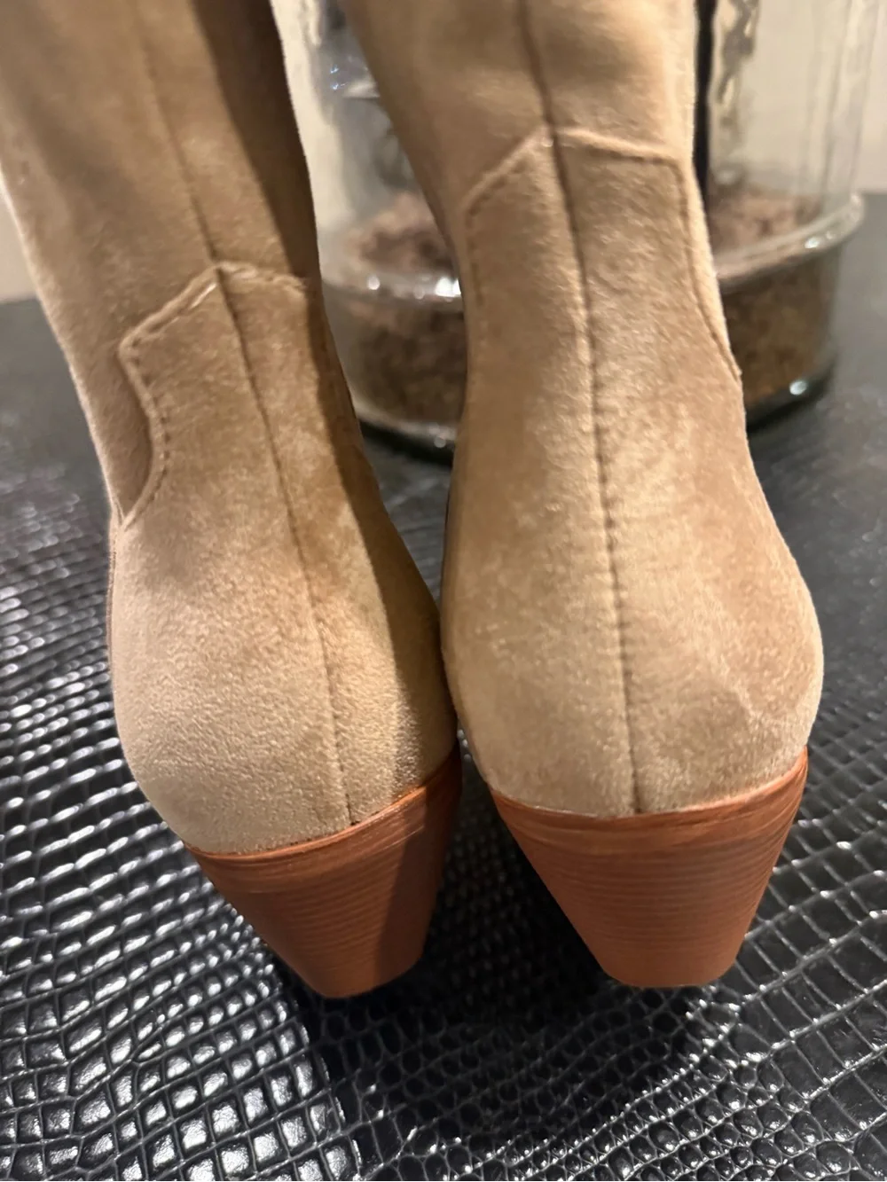 Knee Suede Western Boots in Beige